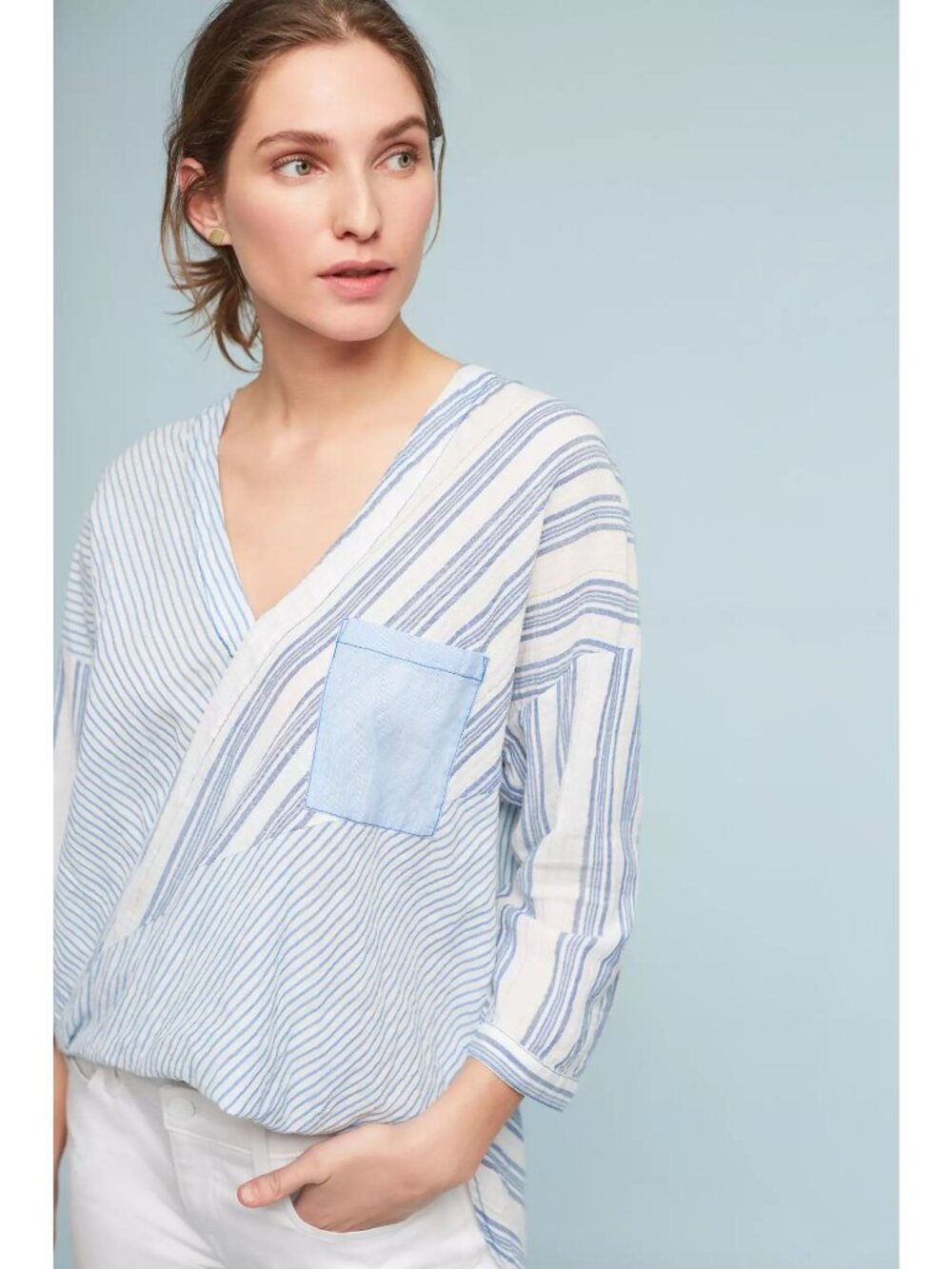 Holding Horses Blue & White Striped V-Neck Cotton Top sz S